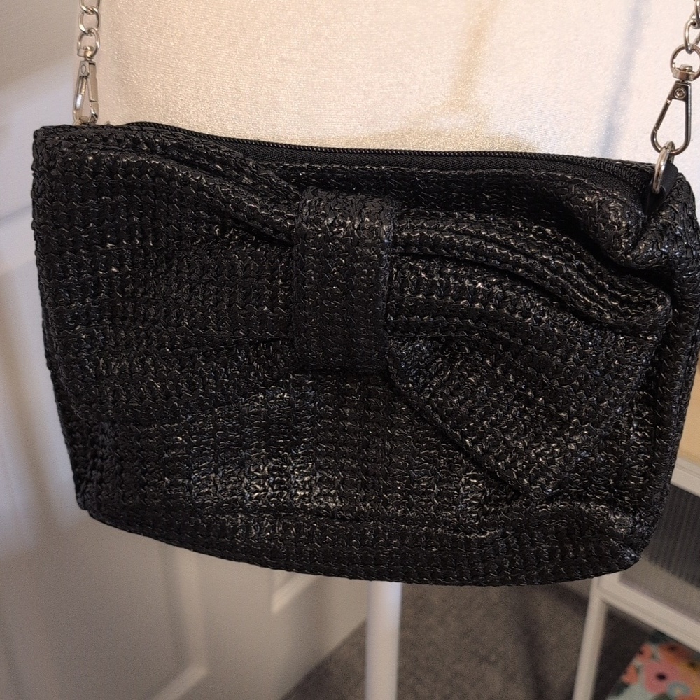 Black Woven Crossbody Clutch with Accent Bow